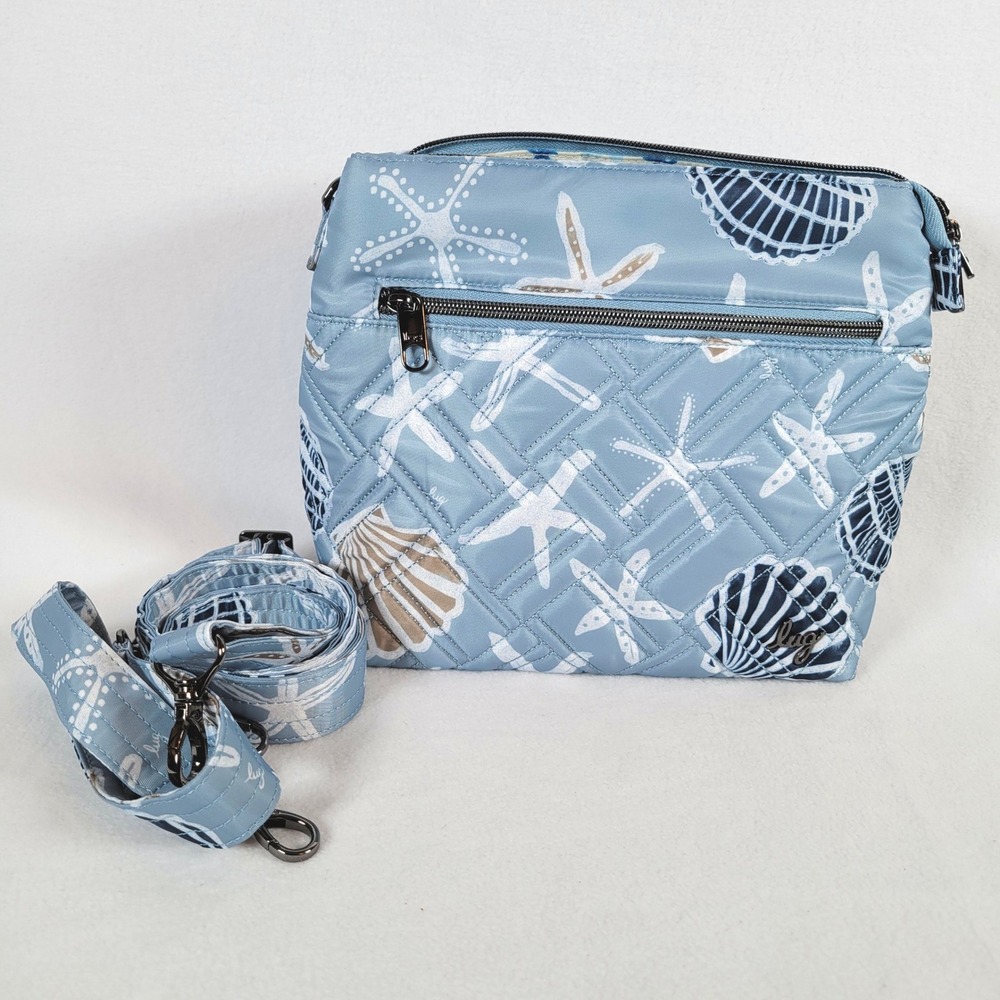 Lug Womens Crossbody Double Dip RFID Beach Bag Travel Seashore Ocean Shells Blue